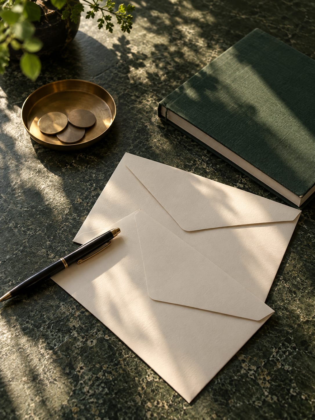 초록 돌 탁자 위의 빈 봉투 두 장과 노트, 금속 원판과 펜을 배치한 AI 생성 연출 정물